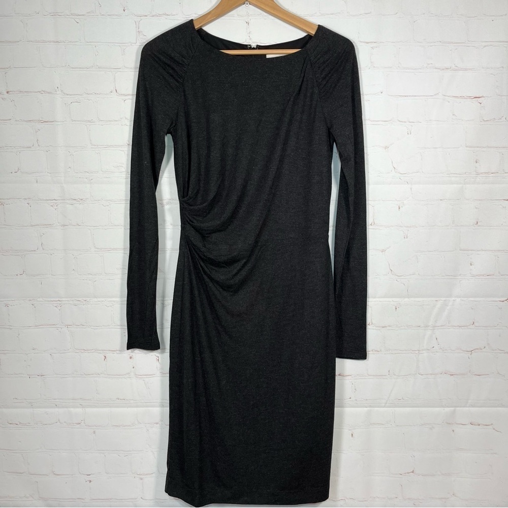 NWT Loft Dress Womens Size Small Charcoal Long Sleeve Midi Lined Ruched